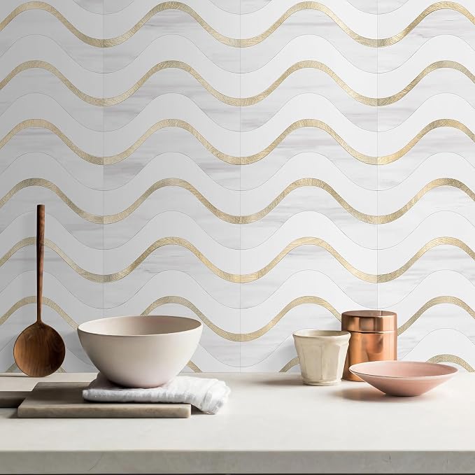Vamos Tile Peel and Stick Backsplash Seamless Tile,Dolomite+White+Gold,10 | Stick on Backsplash for Kitchen and Bathroom, PVC Mix Metal Gold Self Adhesive Wall Tiles,11.8''x10.15''