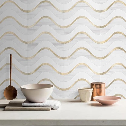 Vamos Tile Peel and Stick Backsplash Seamless Tile,Dolomite+White+Gold,10 | Stick on Backsplash for Kitchen and Bathroom, PVC Mix Metal Gold Self Adhesive Wall Tiles,11.8''x10.15''