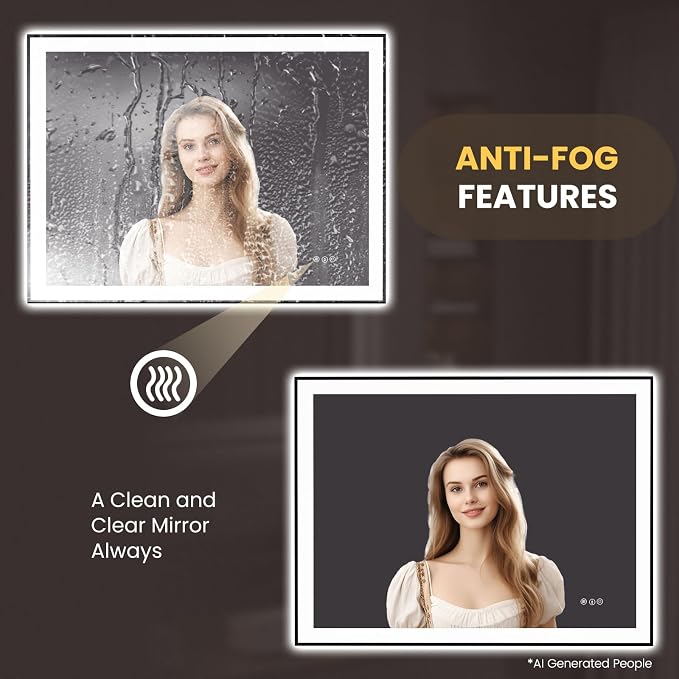LOAAO 48"X36" LED Bathroom Mirror Black Framed | Anti-Fog, Dimmable, Memory Function, Tempered Glass, Lighted Vanity Mirror for Wall