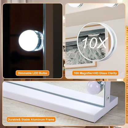 Moonee Hollywood Vanity Mirror with Lights,Makeup Mirror with 18 Dimmable Bulbs and 10X Magnification,3 Colors Modes,Aluminum Metal Frame,USB Charging Port（32" x 24"）