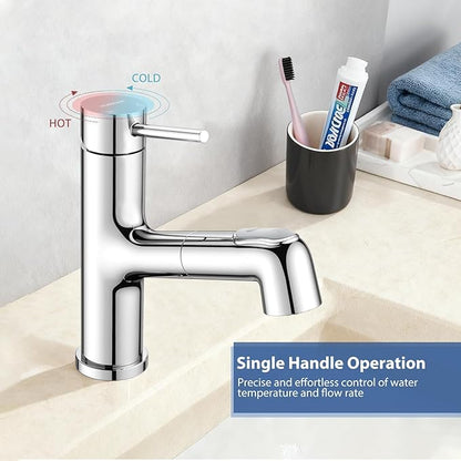 HURRAN Pull Out Bathroom Faucet, Single Handle Basin Mixer Tap with 2 Modes, Utility Sink Faucet with Deck Plate, Stainless Steel, Chrome