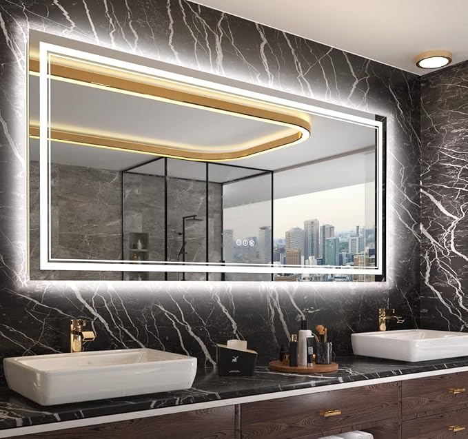 72x32 Inch LED Mirror for Bathroom | Front and Backlit, 3 Colors, Dimmable, Memory, Anti Fog, Shatterproof, Horizontal/Vertical, Lighted Mirrors for Bathroom Wall
