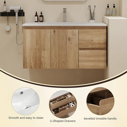 Floating Bathroom Vanity with Sink Wall Mounted Cabinet with 2 Drawers and Doors, Moisture-Resistant MDF,Large Storage for Small Space (36")