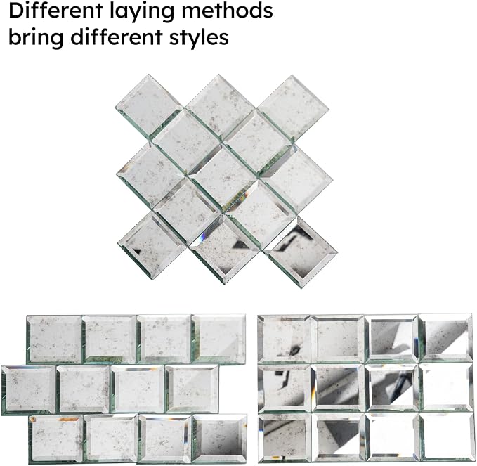 Peel and Stick Mirror Backsplash, Light Antique, 3x3 Inch, Beveled Mirror Square Kitchen Bar Wall Tile (2 Sq.ft, 32 Pcs)