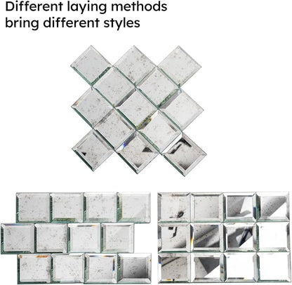 Peel and Stick Mirror Backsplash, Light Antique, 3x3 Inch, Beveled Mirror Square Kitchen Bar Wall Tile (2 Sq.ft, 32 Pcs)
