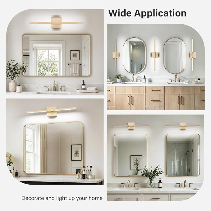 Gold Bathroom Vanity Light, 24 Inch LED Light Bar Over Mirror | Modern Bathroom Light Fixture Over Mirror for Vanity, 360° Rotatable Dimmable LED Wall Mounted Lighting, ETL Certified