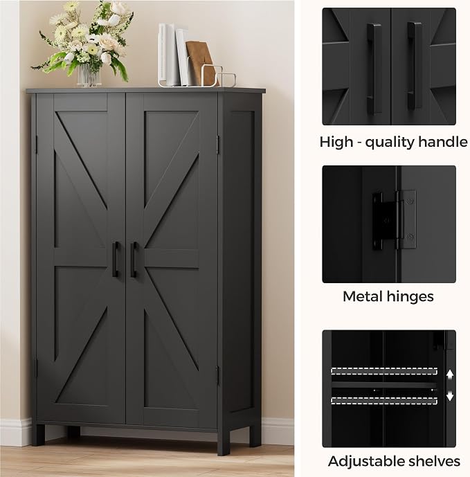 Homleke 43.3" H Farmhouse Bathroom Storage Cabinet with Adjustable Shelves | Freestanding Storage Cabinet with Barn Doors for Bathroom, Kitchen, Living Room, Dining Room & Entryway, Black