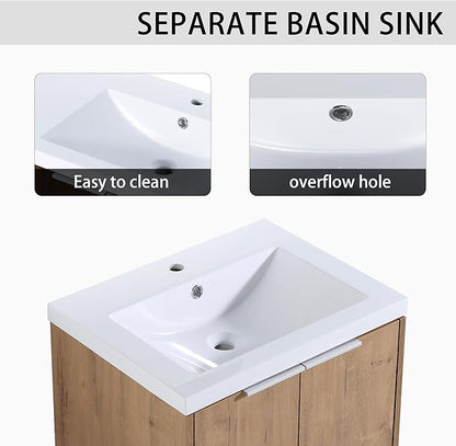 SSLine 36-Inch Single Bathroom Vanity Modern Wall Mounted Bathroom Vanity with Sink 36" Small Floating Bathroom Vanities Set with White Open Storage Shelf & 2 Side Cabinets,Brown White