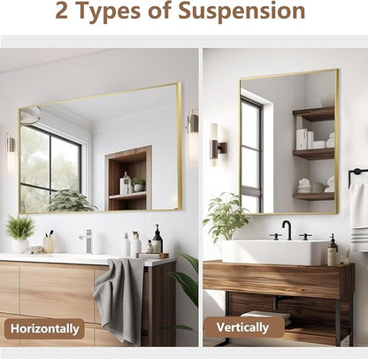 Gold Bathroom Mirror, 24"x32" Rectangle Mirror, Brushed Gold Mirror, Metal Frame Square Corner Vanity Mirror, Wall Mounted Mirror for Modern, Living Room, Bedroom, Horizontal Or Vertical