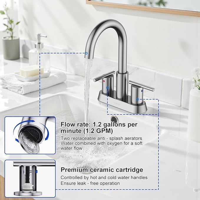 Hurran 4 Inch Bathroom Faucet for Sink 3 Hole, Brushed Nickel Bathroom Faucet with Pop-up Drain and 2 Supply Hoses,Stainless Steel Lead-Free 2-Handle Centerset Faucet for Sink Vanity RV