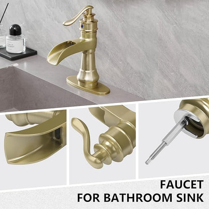 Bathroom Sink Faucet Waterfall Brushed Gold Single Handle | Pop Up Drain,Easy to Clean,Stable Installation,Suitable for bathrooms, balconies and laundry room,Elegant Minimalist Style