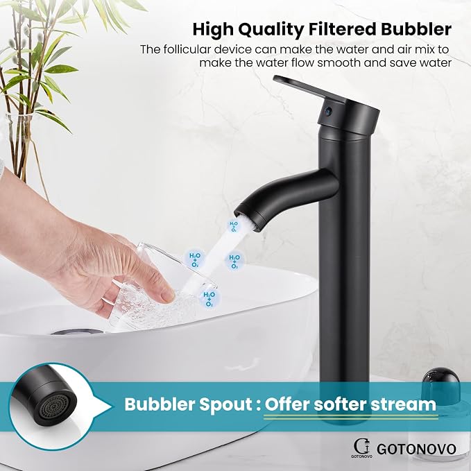 gotonovo Modern Vessel Sink Faucet with ABS Pop Up Drain, Oil Rubbed Bronze | Modern Tall Bathroom Faucet 1 Hole Single Handle Round Body, cUPC Water Supply Hoses, Basin Mixer Tap for Vanity Lavatory Rv