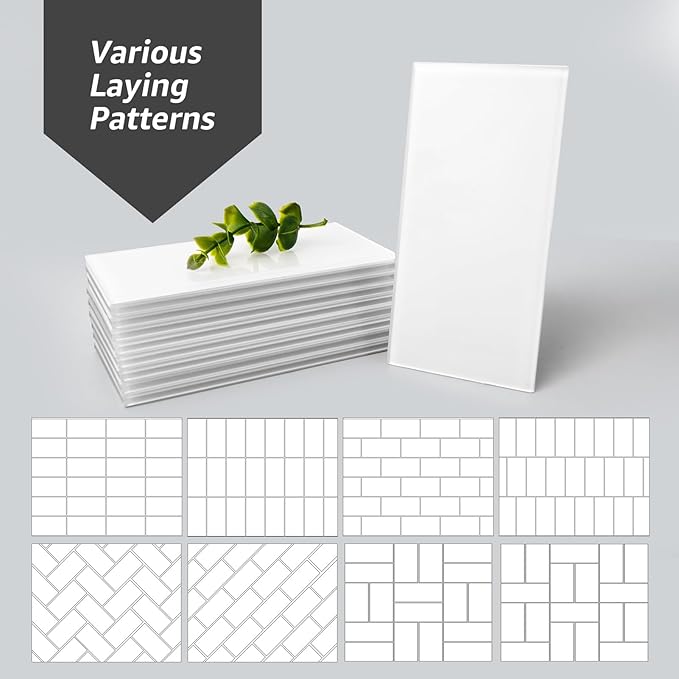 Art3d 4 Sq Ft Glass Backsplash Tiles, 32-Piece Glass Peel and Stick for Kitchen or Bathroom, 3" x 6" Subway White Backsplash Tiles