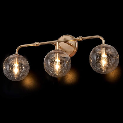 Bathroom Light Fixtures, 3-Light Gold Bathroom Vanity Light with Seeded Glass Shade, Bathroom Lighting Fixtures Over Mirror, L24.5'' x W7.5'' x H10''
