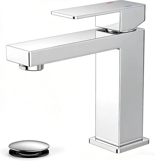 FORIOUS Bathroom Faucets for 1 or 3 Hole Sink, Chrome Single Handle Bathroom Faucet with Pop-up Drain and Supply Lines, Suitable for Vanity RV Lavatory Restroom
