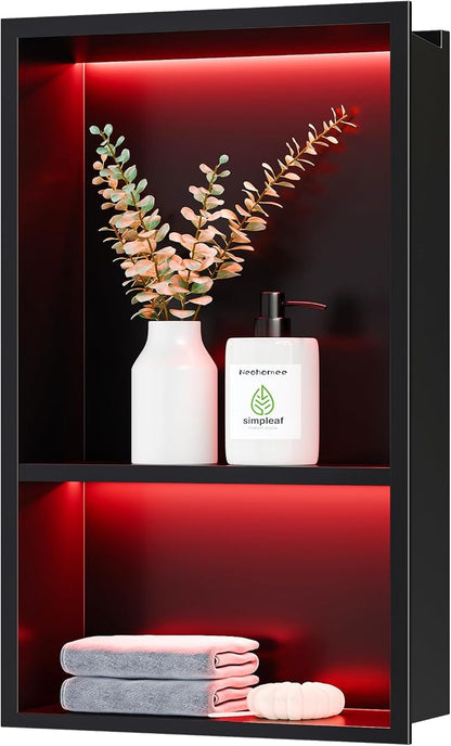 2-Tiers 12x18Inch Wall Niche with RGB LED Light Strips, Matte Black Shower Niche Cabinet, Stainless Steel Bathroom Shelf, NO Tile Needed Recessed Storage Organizer