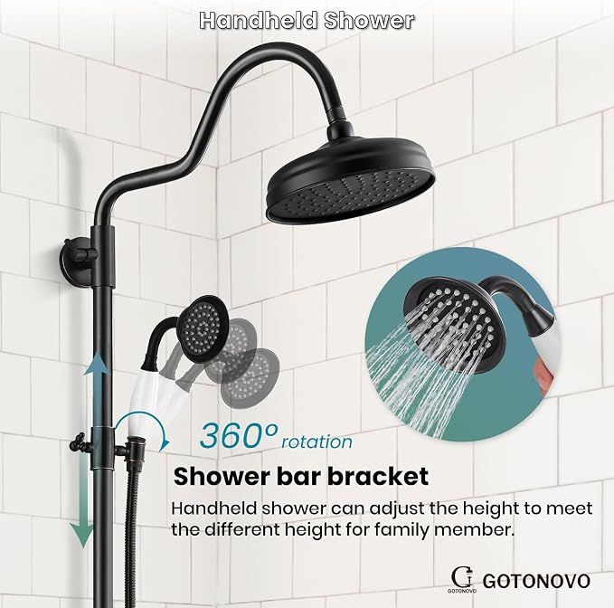 gotonovo Exposed Shower Faucet Set Luxury,Oil Rubbed Bronze,Curved Arc Rod | Bathroom 8” Shower Head with Handheld Spray System Fixtures,Vintage Two Cross Handle,Wall Mount,for 5-6.7" Hole,Adjust Height