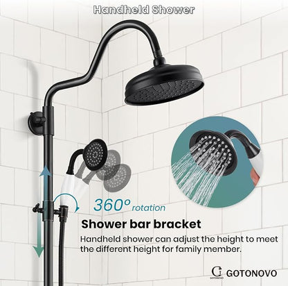 gotonovo Exposed Shower Faucet Set Luxury,Oil Rubbed Bronze,Curved Arc Rod | Bathroom 8” Shower Head with Handheld Spray System Fixtures,Vintage Two Cross Handle,Wall Mount,for 5-6.7" Hole,Adjust Height