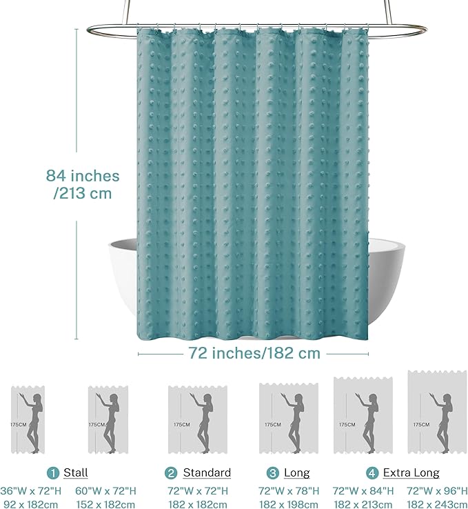 Extra Long Boho Shower Curtain Woven Fabric 84 Inch Teal Shower Curtain, 72 x 84 Tufted Pleat Floral Puffs Textured Modern Minimalist Shower Curtain Set with Hooks for Bathroom