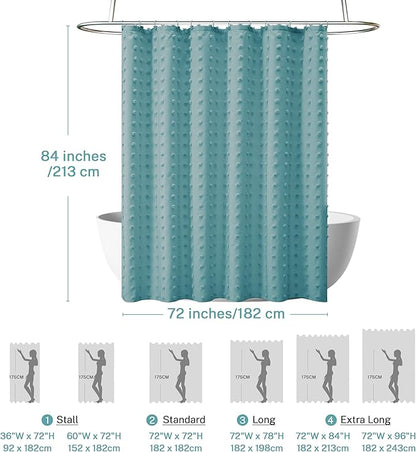 Extra Long Boho Shower Curtain Woven Fabric 84 Inch Teal Shower Curtain, 72 x 84 Tufted Pleat Floral Puffs Textured Modern Minimalist Shower Curtain Set with Hooks for Bathroom