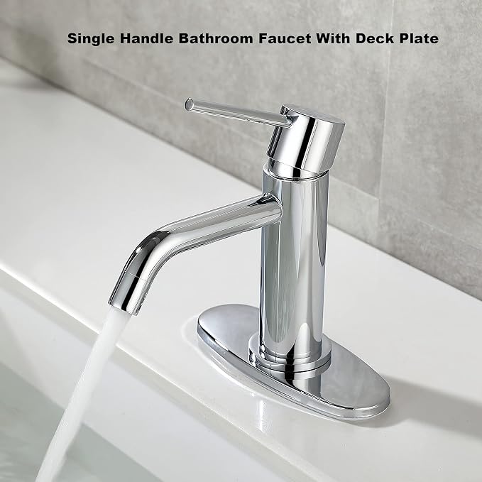 Bathroom Faucet Chrome Single Hole, JXMMP Single Handle Bathroom Faucets for Sink with Pop Up Drain Assembly and 6 inch Deck Plate