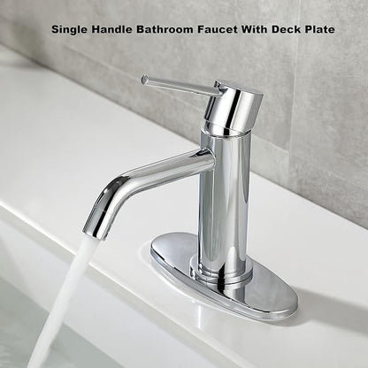 Bathroom Faucet Chrome Single Hole, JXMMP Single Handle Bathroom Faucets for Sink with Pop Up Drain Assembly and 6 inch Deck Plate