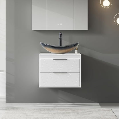eclife 24" Floating Bathroom Vanities with Sink Combo, Wall Mounted Modern Cabinet W/Diamond Line Pattern Design, Champagne Boat Glass Vessel Sink W/Water Save Faucet & Pop Up Drain, White