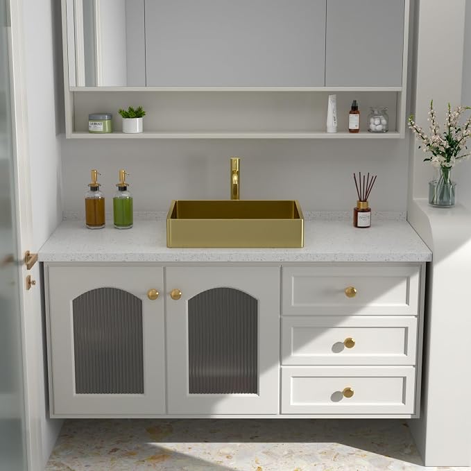Logmey 19" Gold Shallow Bathroom Vessel Sink 19x15 Rectangle Handmade 16 Gauge Stainless Steel Above Counter RV Bathroom Sinks with Pop up Drain Set