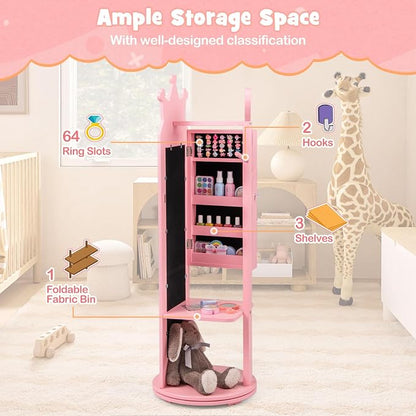 HONEY JOY Kids Jewelry Armoire Cabinet, 360 Degree Swivel Base Wooden Standing Jewelry Organizer w/Full-length Mirror and Clothes Rack, Children Dress Up Jewelry Cabinet for Little Girls (Pink)