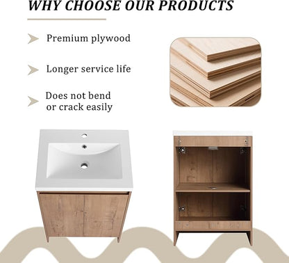 24" Bathroom Vanity with Sink, 24 Inch Freestanding Vanity, Single Resin Sink Floor Stand Bathroom Sink Cabinet with 2 Doors, Imitative Oak (Space-Saving for Small Bathrooms)