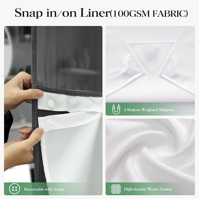 Charcoal Grey Hook Free Waffle Shower Curtain & Snap Liner,60x75 | Less Time to install, 3 in 1 Fabric Shower Curtain and Liner Set with Magnets, Stall, Shower Curtains for Bathroom