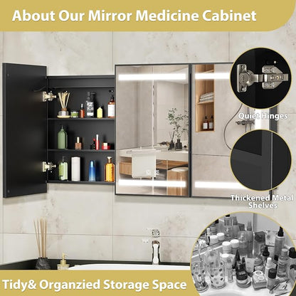 ROOMTEC 60 x 32 Inch Medicine Cabinet Mirror with LED Lights, Black Bathroom Medicine Cabinet with Mirror and Storage, Recessed or Wall Mount, 3 Color Temperature, Dimmable Light