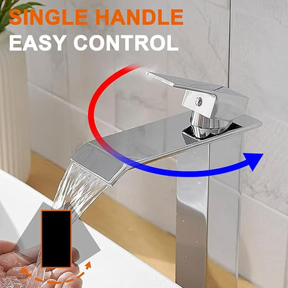 Chrome Bathroom Vessel Sink Faucet, Waterfall Bathroom Faucet, Tall Body 1 Hole Single Handle with Pop Up Drain Without Overflow Combo Vanity Mixer Tap Basin Bowl Sink Polished