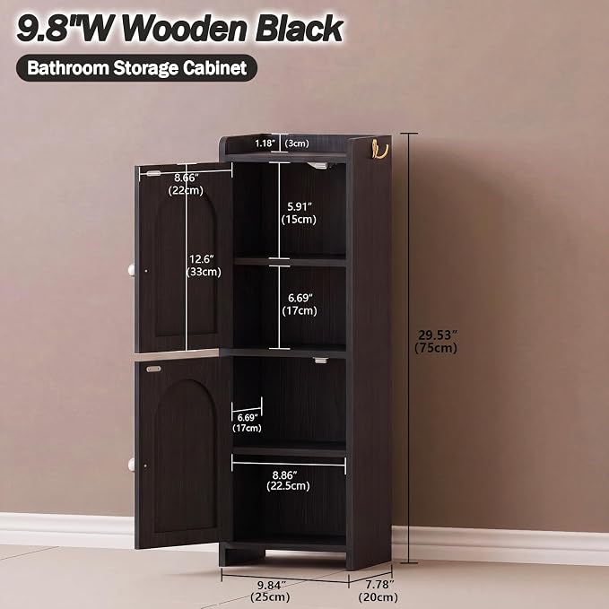 Arbuxzuy Small Bathroom Storage Cabinet with 2 Doors and Adjustable Shelf | Black Corner Floor Cabinet, Narrow Toilet Paper Cabinets with 2Hooks,Toilet Organizer for Small Spaces, 7.87"D*9.84"W*29.72"H