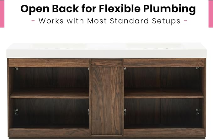 72" Bathroom Vanity with Sink Combo, Mid Century Modern Bathroom Cabinet with 4 Doors & Open Shelf, Glossy White Integrated Sink with Overflow, Brown Walnut