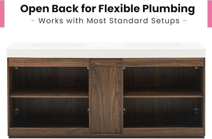 72" Bathroom Vanity with Sink Combo, Mid Century Modern Bathroom Cabinet with 4 Doors & Open Shelf, Glossy White Integrated Sink with Overflow, Brown Walnut