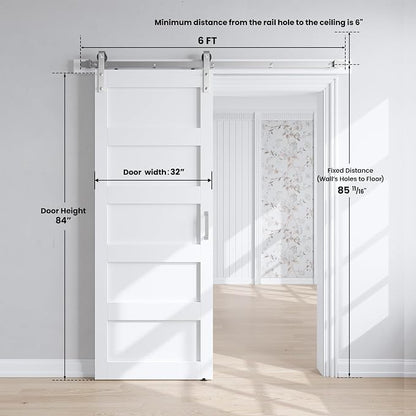 SMARTSTANDARD 32x84 inch White Barn Door with 6FT Silver Hardware Track | Solid MDF Slab, Waterproof PVC Surface, 5-Panel, Suitable for Openings up to 30in x 82in