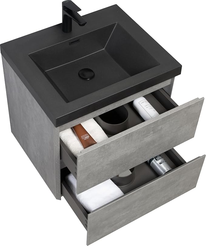24 Inch Floating Bathroom Vanity with Sink, Modern Grey Wall Mounted Floating Vanity with Scratch-Resistant Quartz Sand Basin and Soft Closing Drawers, Pre Assembled Bathroom Vanity