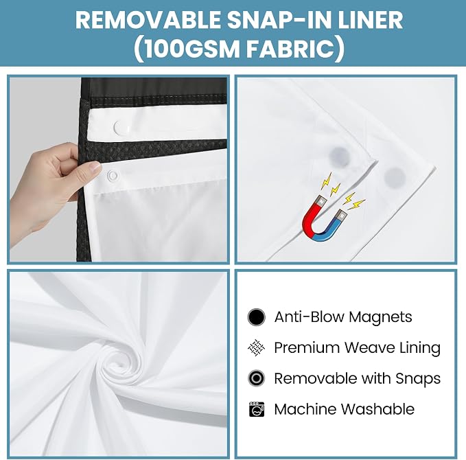 SORTTO No Hook Shower Curtain with Snap in Liner Set Waffle Shower Curtain for Bathroom Hotel Style Fabric Waterproof Inner Liner，71" W x 86" H, Black