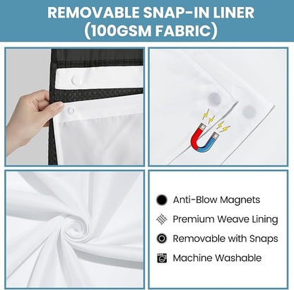 SORTTO No Hook Shower Curtain with Snap in Liner Set Waffle Shower Curtain for Bathroom Hotel Style Fabric Waterproof Inner Liner，71" W x 74" H, Black