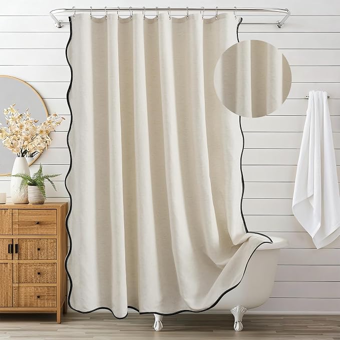 ORTIGIA Scalloped Shower Curtain Linen Textured with Metal Hooks, Waterproof Fabric Neutral Thick Cloth Cute Scallop Shower Curtains with Black Border for Rustic Farmhouse Bathroom Decor 72x72 Inch