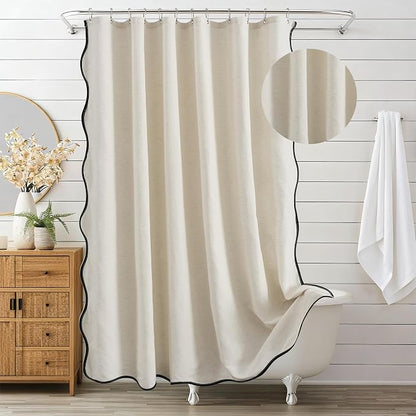 ORTIGIA Scalloped Shower Curtain Linen Textured with Metal Hooks, Waterproof Fabric Neutral Thick Cloth Cute Scallop Shower Curtains with Black Border for Rustic Farmhouse Bathroom Decor 72x72 Inch