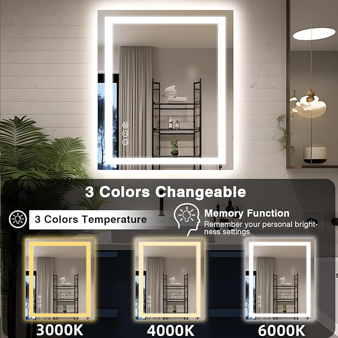 EchosLife 30"x36" LED Bathroom Mirror with Lights | Backlit + Front Lit, Anti-Fog, Stepless Dimmable, 3 Colors, Memory, Tempered Glass, UL Listed, Horizontal/Vertical