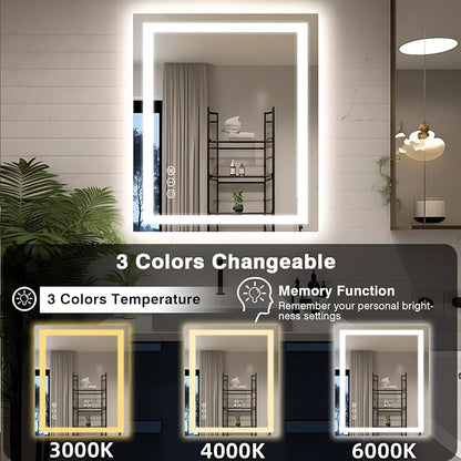 EchosLife 30"x36" LED Bathroom Mirror with Lights | Backlit + Front Lit, Anti-Fog, Stepless Dimmable, 3 Colors, Memory, Tempered Glass, UL Listed, Horizontal/Vertical