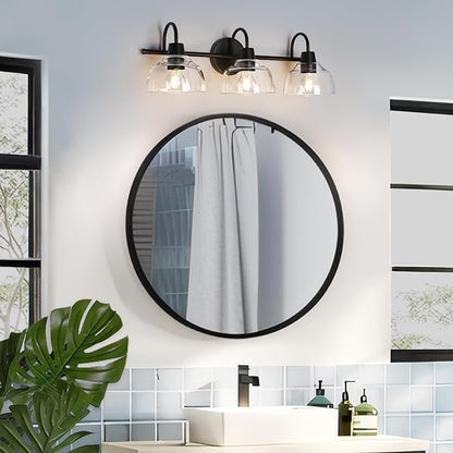 KSANA Black Bathroom Light Fixture, 3-Light Vanity Light with Large Opening Clear Glass Shade, Modern Farmhouse Wall Lamp Over Mirror