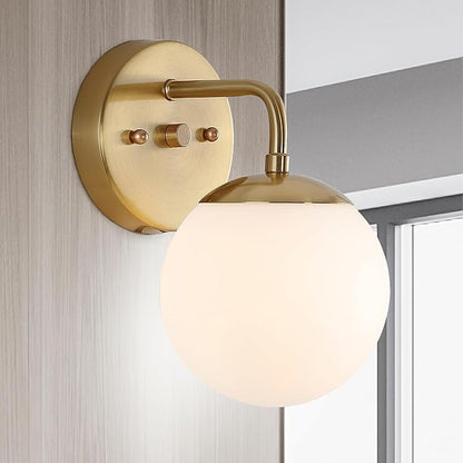 JONATHAN Y 5.75" Brass Gold Modern Globe Wall Sconce Vanity Light for Bathroom, White Frosted Glass Shade, Midcentury Parisian Bistro Wall Lamp, LED Bulb Included JYL3534A