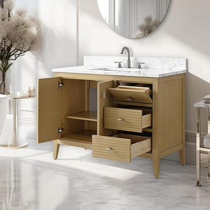 Vanity Art 42 inch Bathroom Vanity with Single Sink & Ceramic Top, Vanity Cabinet with Soft-Closing Door, Solid Wood Frame, Linear Pattern, Natural Oak, Golden Brushed Handware VA9142-NO-GB