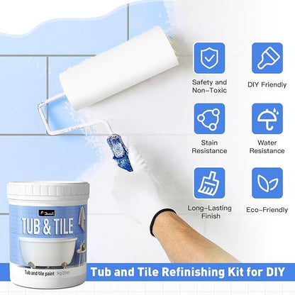 DWIL Tile Paint, Tub and Tile Refinishing Kit with Tools, Water-based Bathtub Paint - Low Odor, Easy to Use, 25-30sq.ft, 16.5oz, Semi-Gloss White