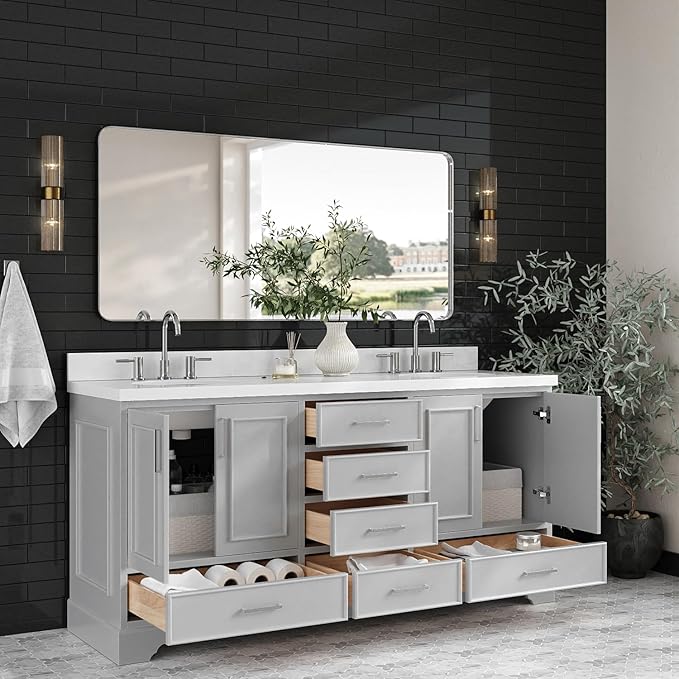 ARIEL Stafford 72-inch Bathroom Vanity with Sink,Solid Wood, 1.5-inch Pure White Quartz Countertop & Backsplash, Double Oval Porcelain Sink, 4 Soft Closing Doors, 6 Dovetail Drawers, Grey