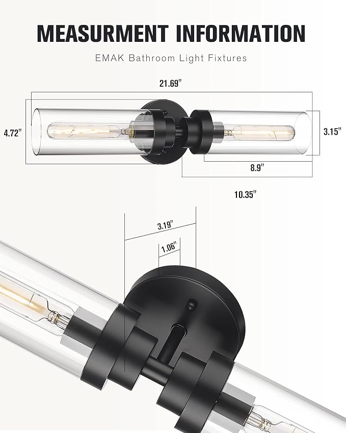 Emak 2 Light Black Vanity Lights for Bathroom,22 Inch Bathroom Light Fixtures Modern Wall Sconces with Clear Glass Shade for Bath, Bedroom, Hallway, VL085-BK-2